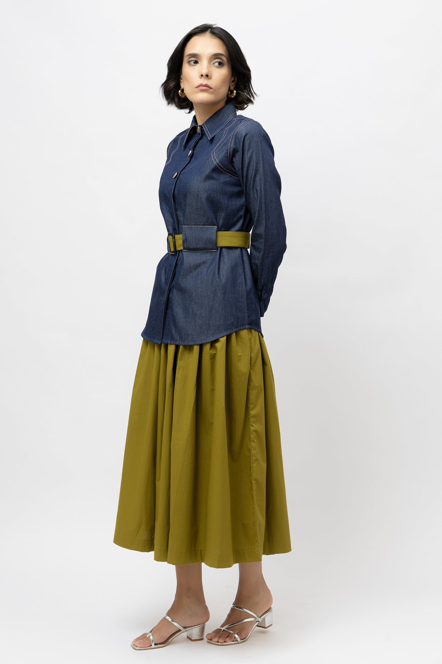 Contrast Belt Shirt Denim
