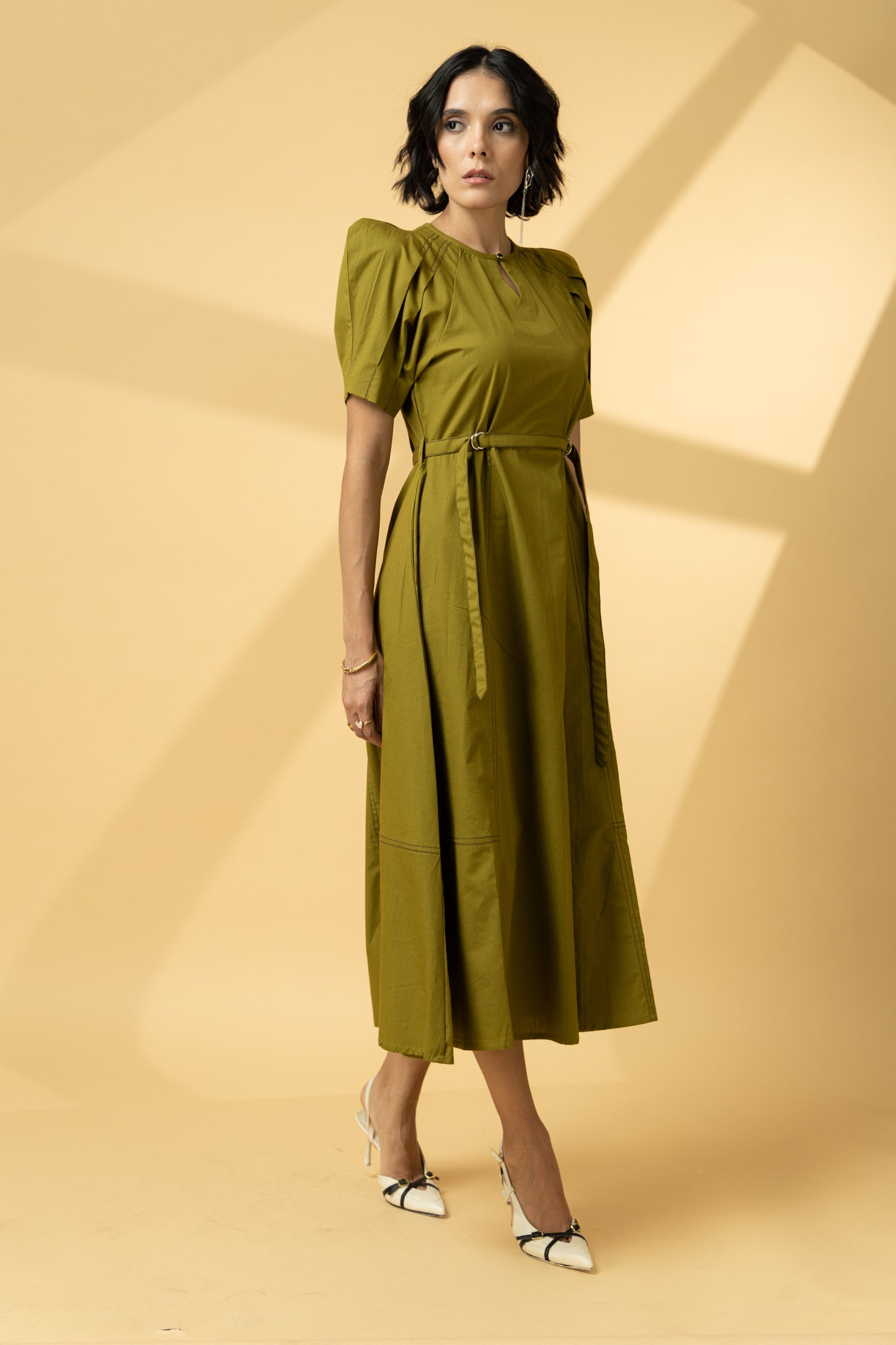 Defined Shoulder Dress Olive