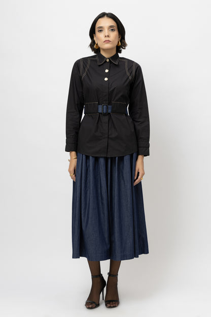 Contrast Belt Skirt Set