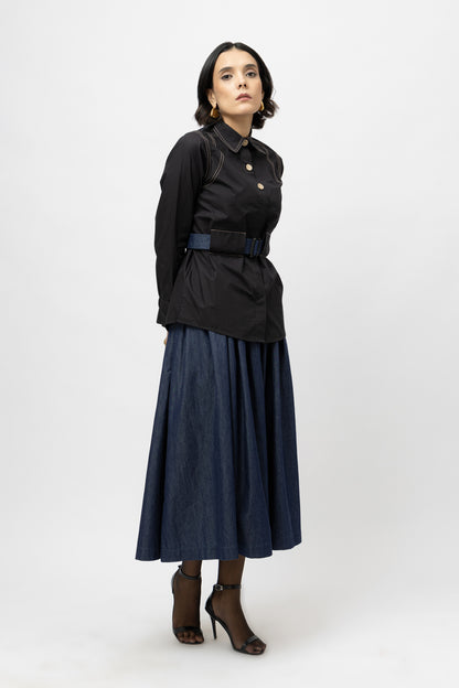Contrast Belt Skirt Set