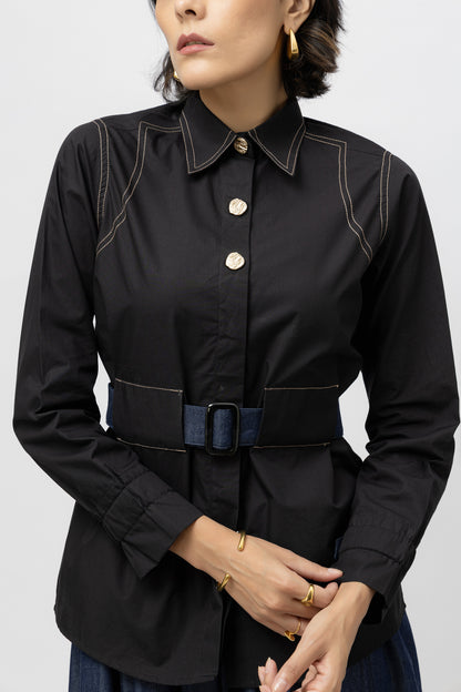 Contrast Belt Skirt Set