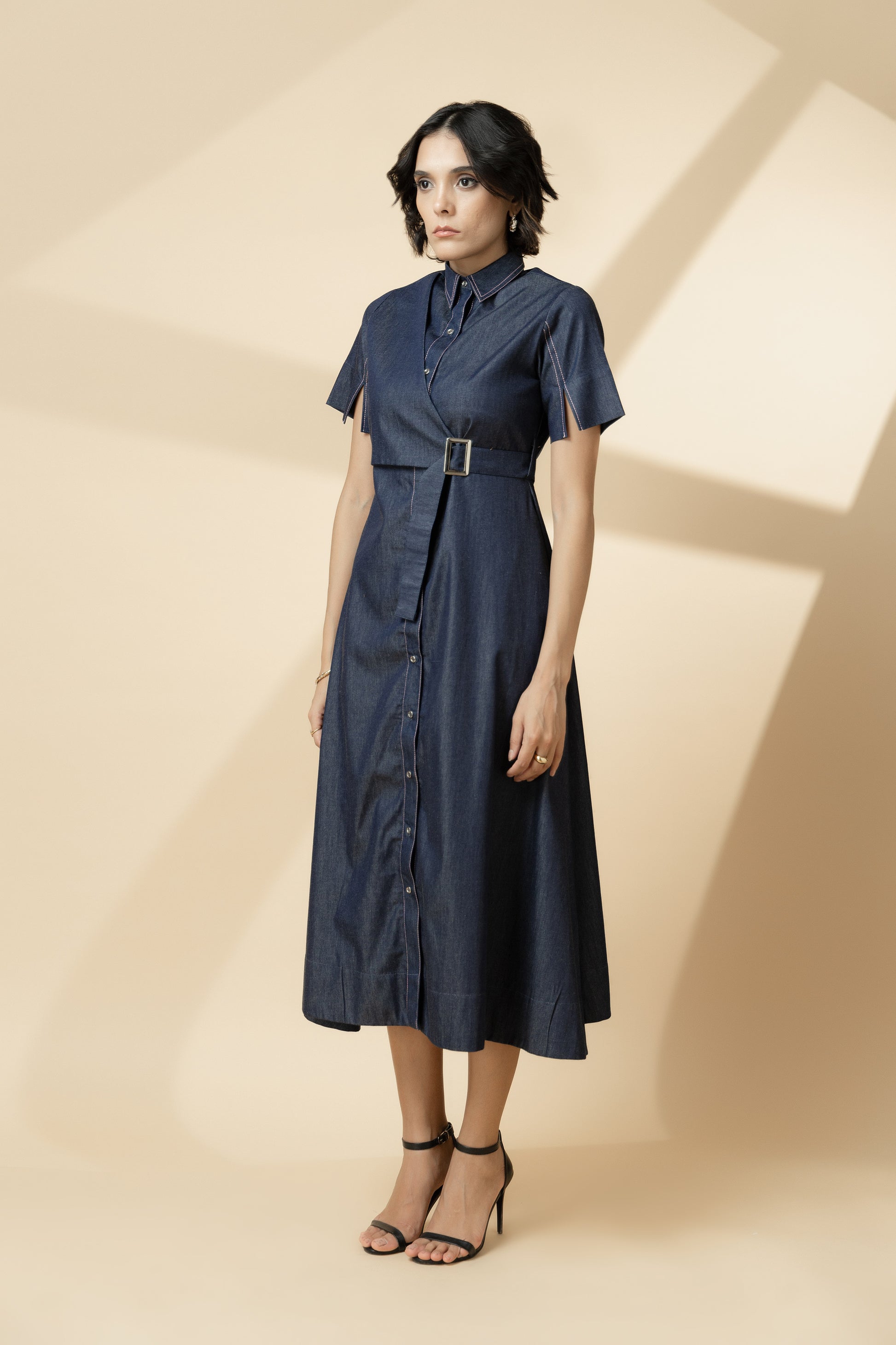 paneled denim shift dress Shawl Collar Paneled Denim Dress Ashley Stewart