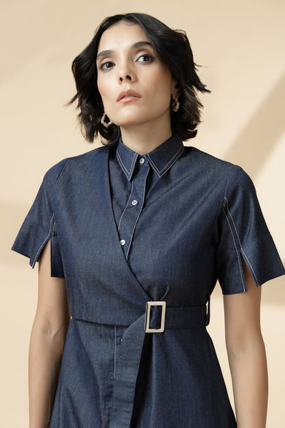 Paneled Shirt Dress Denim