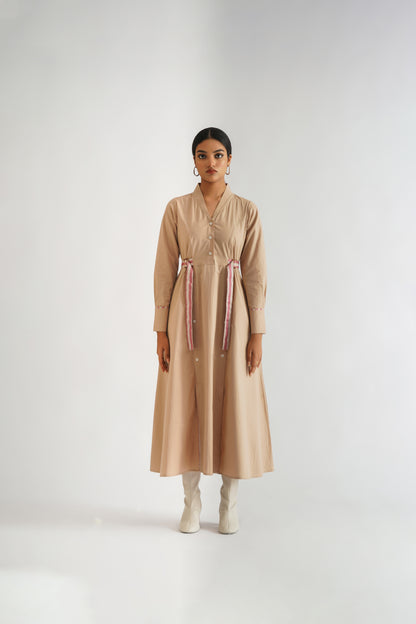 Placket Slit Dress Beige