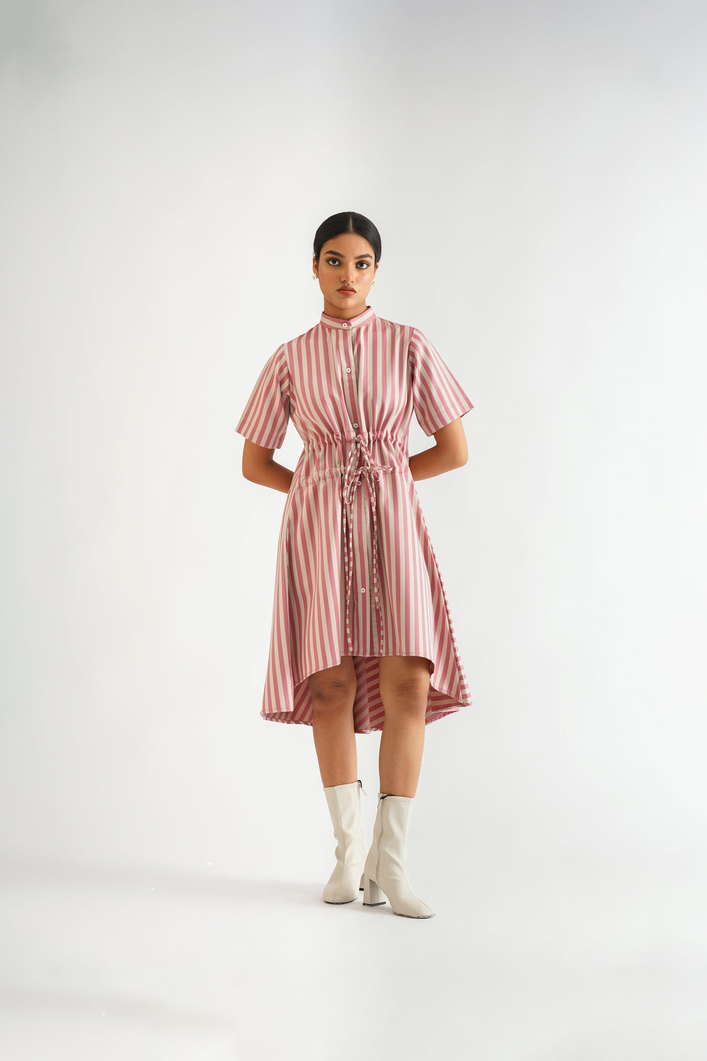 Gathered Striped Shirt Dress